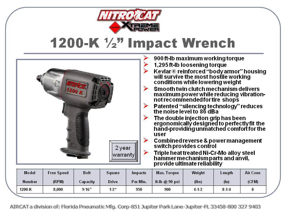 NITROCAT 1200-K 1/2-Inch Kevlar Composite Air Impact Wrench with Twin Clutch Mechanism