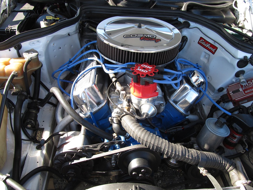 High-performance customized V8 car engine with detailed view of the engine bay and components