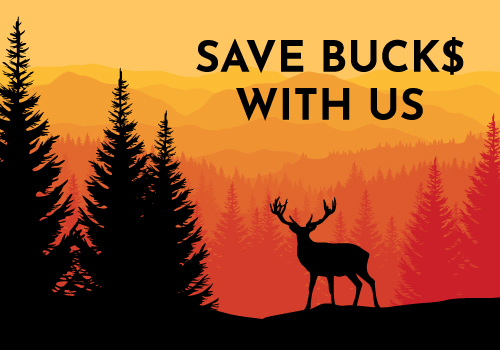  "Save Bucks with Us" ad featuring a deer silhouette against a forest and sunset background.