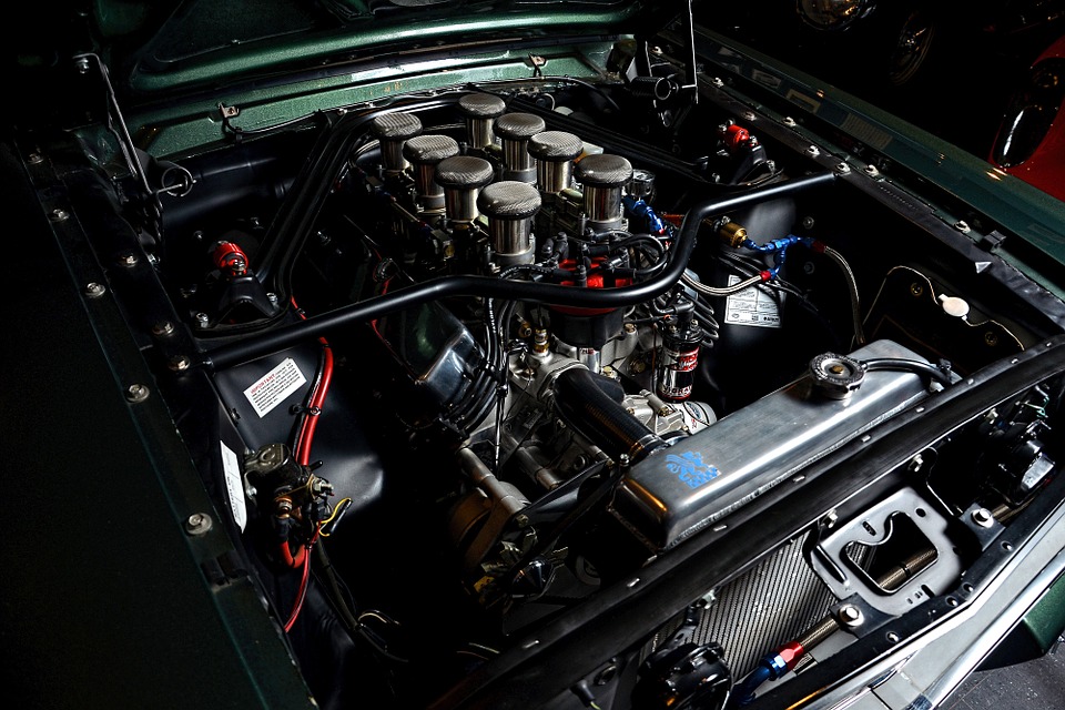 Close-up of a high-performance engine, detailed engine bay, automotive engineering, custom engine build