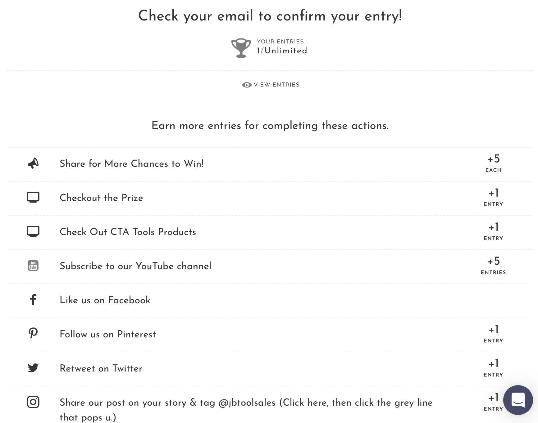 Entry confirmation page with options to earn more entries by completing various social media actions